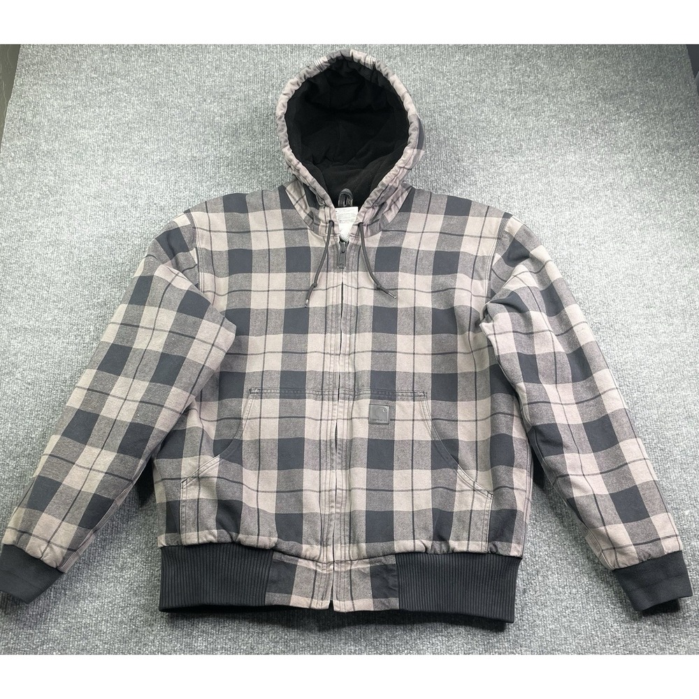 Carhartt Jacket Mens L Grey Plaid J260 SMK Hooded Quilted Flannel Work Coat